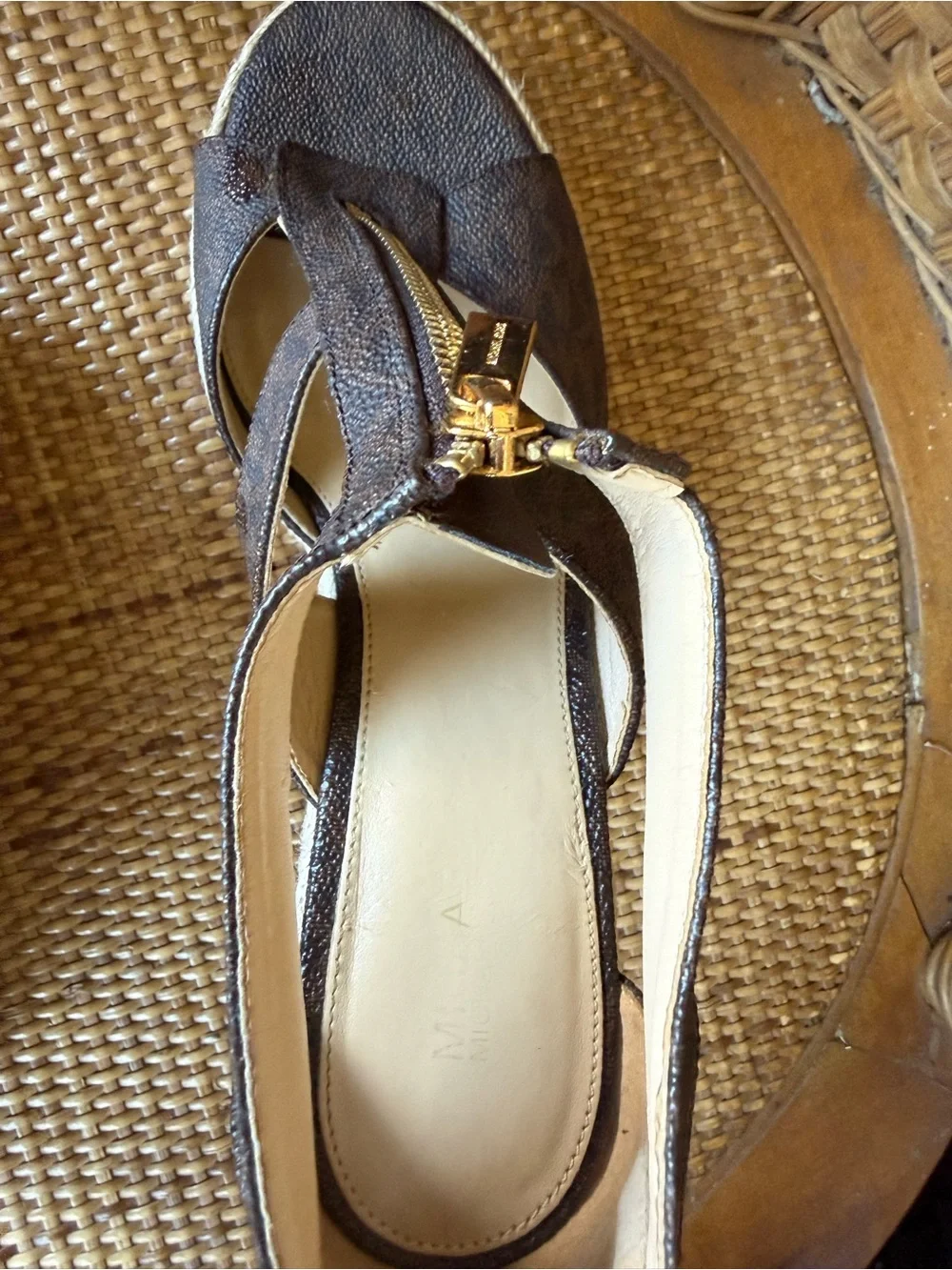 Michael Kors Dark Brown Signature Canvas Espadrille Wedge Sandals with Gold Zip